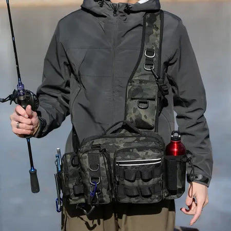 Multi functional Road Ya chest bag, large waist bag, tactical crossbody bag, fishing bag, pole insertion bag, outdoor backpack (camouflage)