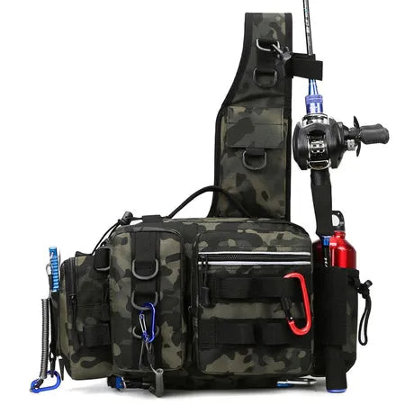 Multi functional Road Ya chest bag, large waist bag, tactical crossbody bag, fishing bag, pole insertion bag, outdoor backpack (camouflage)