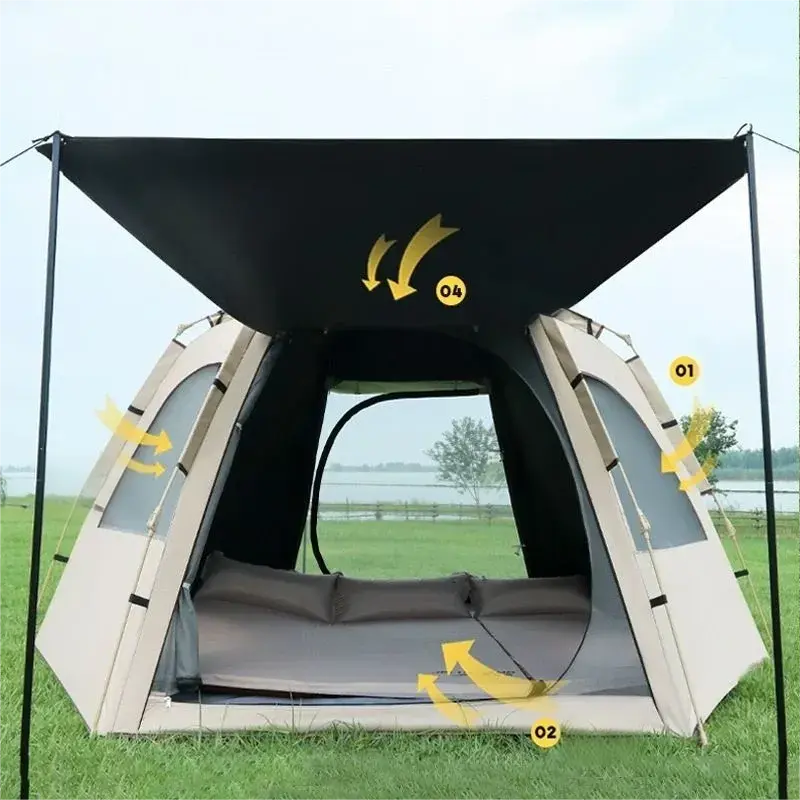 Factory stock outdoor tent, fully automatic hexagonal tent, waterproof, sunscreen, quick-opening, portable, suitable for park camping