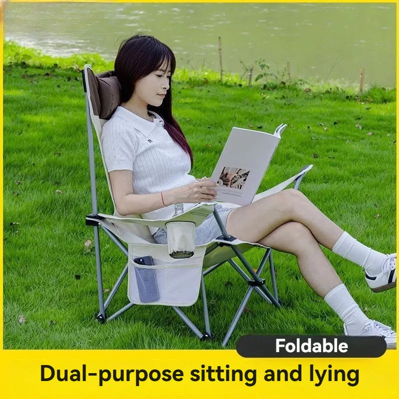 Camping Chair Recliner Outdoor Folding Bed Portable Beach Lounge Chair Foldable 2-in-1 Design