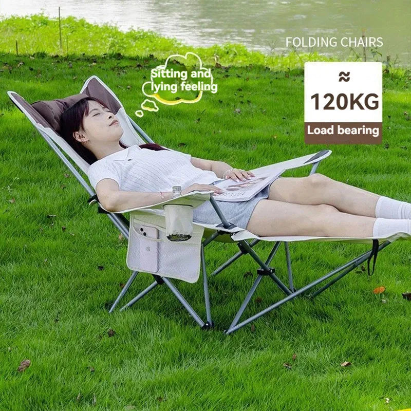 Camping Chair Recliner Outdoor Folding Bed Portable Beach Lounge Chair Foldable 2-in-1 Design